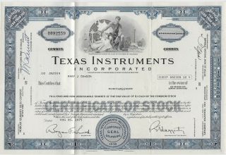 Vintage 1975 Texas Instruments Certificate Of Stock Shares Blue W/paperwork 1