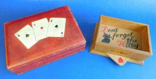 2x Vintage Playing Card Box And Decks Leather Clad Italy & Black Cat Bridge Box