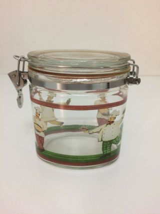 Vintage Glass Fat Chef Hinged Bale Wire Oval Storage Canister Jar 5.  75 " Tall
