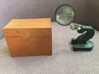 Vintage Adjustable Desktop Magnifying Glass Cast Iron Stand With Box