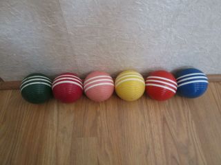 Set Of 6 Vintage 3 " Wood Ribbed 3 Stripe Croquet Balls