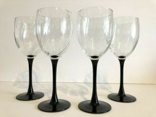 Vintage Set Of 4 Luminarc France Black Stem 10 Oz Wine Glasses