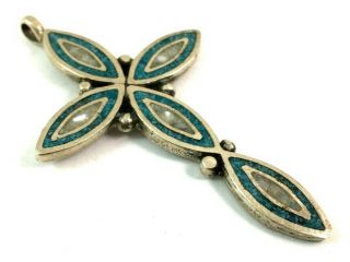 Large Vintage 2 1/2 Inch Native American Sterling Silver Turquoise Inlay Cross