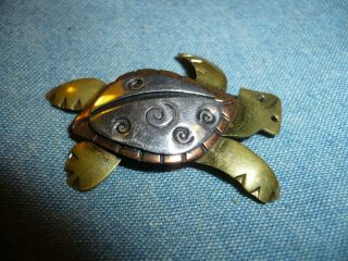 Vtg 3 Metal Sea Turtle Hand Made Pin/brooch By Far Brass Copper Silver Designs