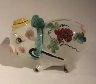 Adorable Vintage Ceramic Piggy Bank W/blue Bow & Umbrella Made In Japan