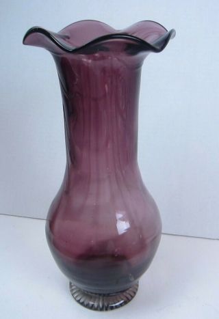Vintage Purple Glass Vase Ruffled Crimped Edge Large 12 1/2” Tall
