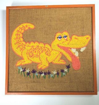 Vintage Crewel Embroidery Alligator Burlap Paragon Creatures 16.  5 Hipster Quirky