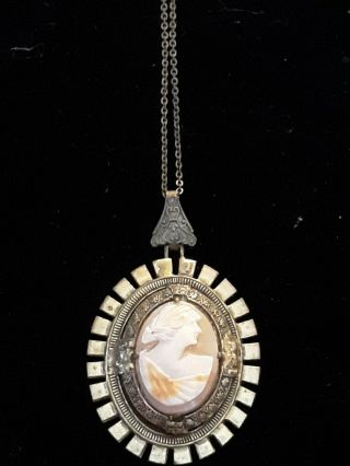 Vintage Natural Shell Carved Cameo Filigree Pendant On Brass Tone Necklace