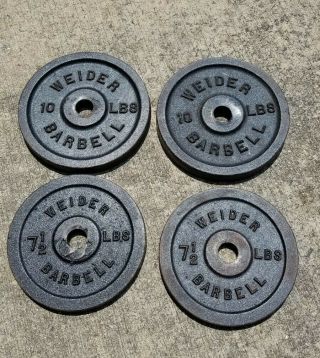 4 Vintage Weider Barbell Standard Weight Plates 10 Lbs & 7.  5 Lbs (35 Lbs Total)
