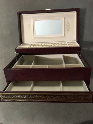Vintage Mele Jewelry Box Chest With Draw And Mirror/ Bergundy / Gold Pattern