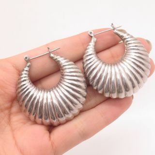Vintage 925 Sterling Silver Hollow Large Ribbed Earrings
