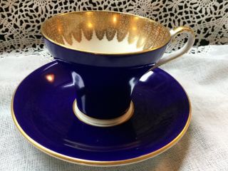 Vintage AYNSLEY Bone China England Cobalt Blue Gold Filigree Set Cup & Saucer 3