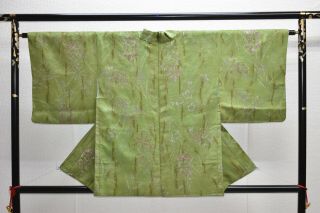 Vintage Silk Kimono Jacket:lovely Green Tea/silver Kikkyou Flower@ym43
