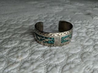 Vintage J.  Nezzie Navajo Silver Inlaid Turquoise Cuff Bracelet