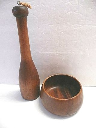 Vintage Wooden Mortar & Pestle,  Made In The Philippines 10 1/2 " & 5 X 2 1/2 "