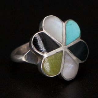 Vtg Sterling Silver - Navajo Turquoise Onyx Mop Flower Ring Size 5.  5 - 4g