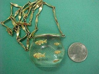 Vintage Castlecliff Gold Tone Clear Acrylic Lucite Fishbowl Necklace Unsigned