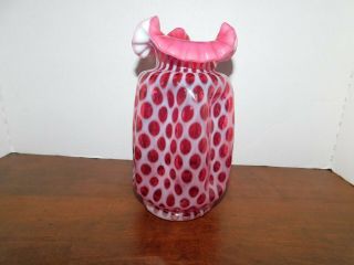 Vintage Fenton Cranberry Opalescent Coin Dot Double Crimped Vase 8 " Tall