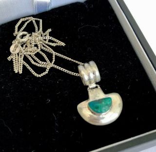 Vintage Jewellery 950 Silver Nata Aztec Green Stone Pendant Necklace 7