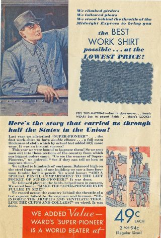 Montgomery Ward Vintage Advertising Brochure With Swatch - Work Shirts 49 Cents