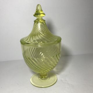 Imperial Glass Twisted Optic Vaseline Glass 9 Inch Footed Covered Candy Jar Vtg