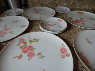12 Vintage Melmac 5 Dinnerware Plates,  7 Saucers,  Pink Rose Cottage White Lenora