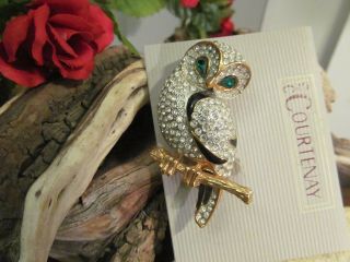 Vintage Gold Tone Rhinestone Pave Crystal Green Emerald Eyed Owl Pin Brooch
