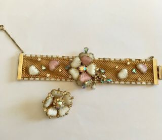 Hobe Bracelet Mesh With Mayorka Petal Glass Flowers Ab Rhinestones Vintage