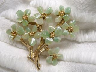 Vintage Swoboda Style Brooch Jade Gemstones Tree Of Life Set In Gold Tone
