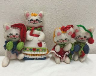 Vintage 3 Little Kittens Christmas Felt Jeweled Decorations 4 Pc Set Completed