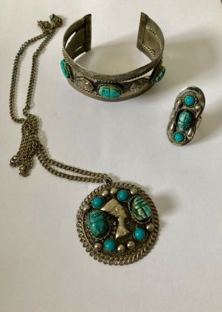 Vintage 1970s Egyptian Revival Style Turquoise Scarab Ring Necklace Bracelet Set