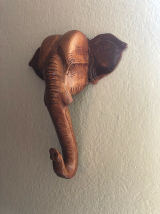 Vintage Hand Carved Wooden Elephant Head Wall Hook Folk Art Wood Hanger Holder