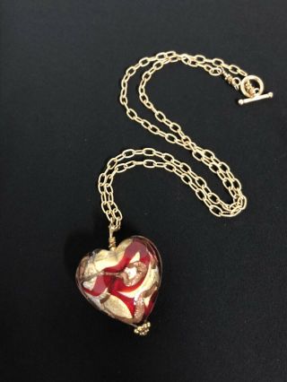 Stunning Vintage Venetian Murano Glass Heart Pendant Necklace Gold Tone