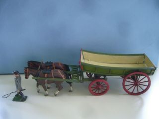 Vintage Britains Lead Farm Wagon Or Cart With Two Horses & Carter With Whip