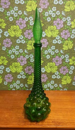 Vintage Mid Century Italy Green Hobnail Glass Genie Bottle - Non Matching Stopper?