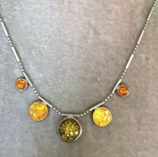 Vintage Jewellery Sterling Silver And Real Amber Cabochon Pendant Necklace