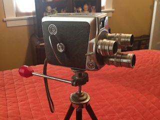 Vintage Keystone Olympic K38 8mm Movie Camera With Red Bakelite Handle Tripod