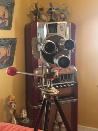 Vintage Keystone Olympic K38 8MM Movie Camera With Red Bakelite Handle Tripod 2