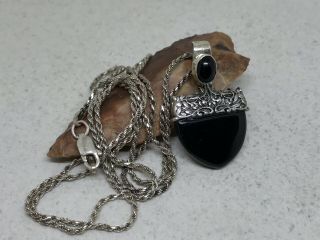 Vintage Sterling Silver Black Onyx Ornate Drop Pendant 24” Chain Necklace
