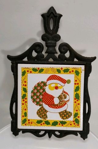 Vintage Kitchen Cast Iron / Ceramic Christmas Santa Trivet