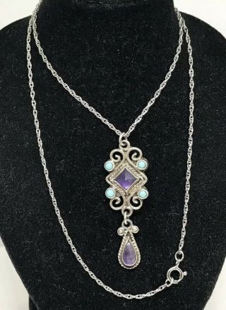 Vintage Deco Mexico Cel Sterling Silver Turquoise Amethyst Pendant 18” Necklace