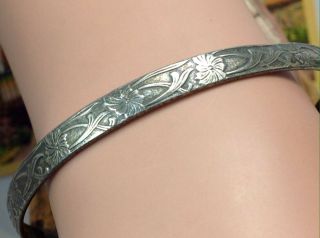 Vintage Sterling Silver Mexico Bangle Bracelet W/engraved Floral Design (e36)