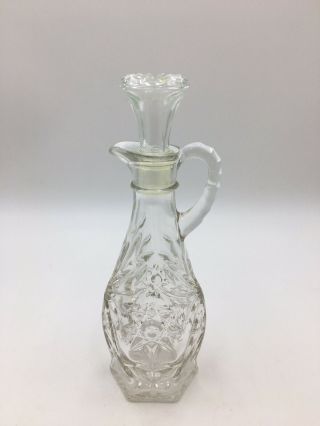 Vintage Clear Pressed Cut Glass Cruet Vinegar Bottle Hexagon With Stopper