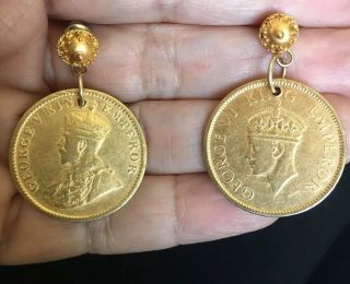 Fabulous Vintage 80s 90s Runway Couture India Matte Gold Coin Drop Earrings