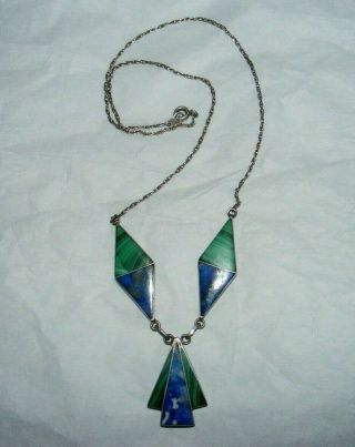 Vintage Mexican 970 Sterling Silver Inlaid Lapis & Malachite Pendant Necklace