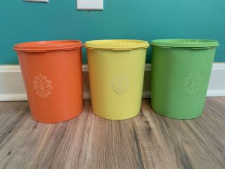 Set Of 3 Vintage Tupperware Canisters With Lids Yellow Green Orange 7.  5 Inch