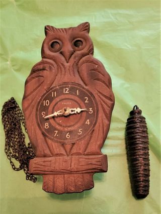 Vintage Wood Paico English Weight Driven Owl Clock With Moving Eyes