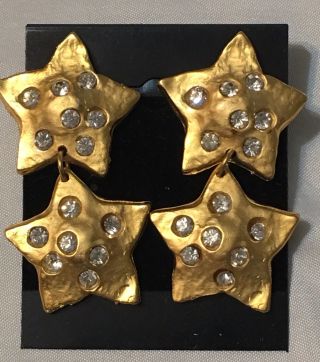 Vintage Signed Norma Jean Gold Tone Stars Rhinestone Clip On Earrings