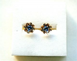 Vintage 14k Yellow Gold & Blue Stone Flower Shape Stud Earrings, .  95g