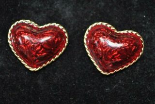 Vintage Avon Gold - Tone & Red Enamel 3/4 " Heart Pierced Earrings